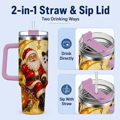 #pl[40oz|Pink] Halloween Santa 40oz Tumbler with Ghost, Pumpkin, Bats and Moon Artwork