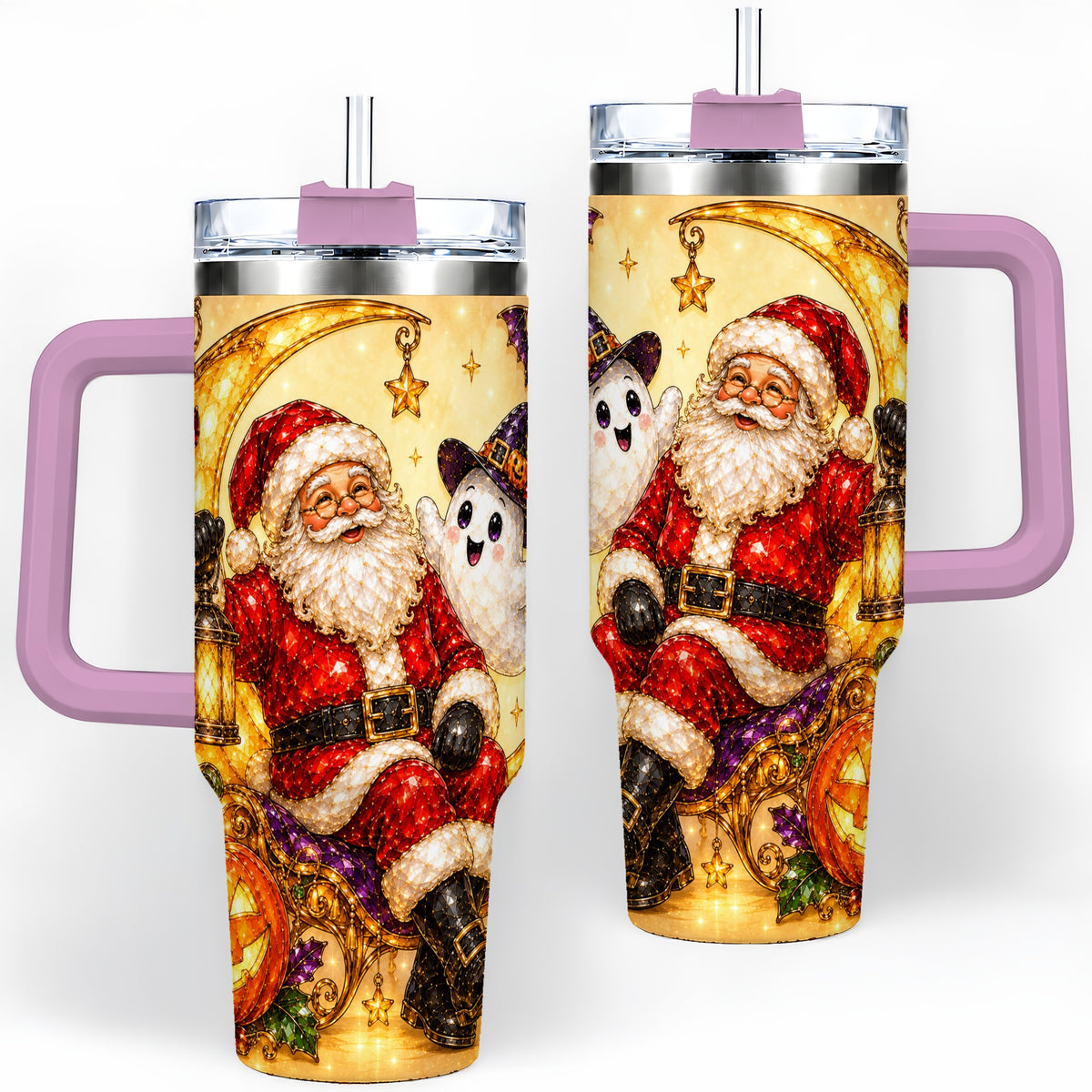 #pl[40oz|Pink] Halloween Santa 40oz Tumbler with Ghost, Pumpkin, Bats and Moon Artwork