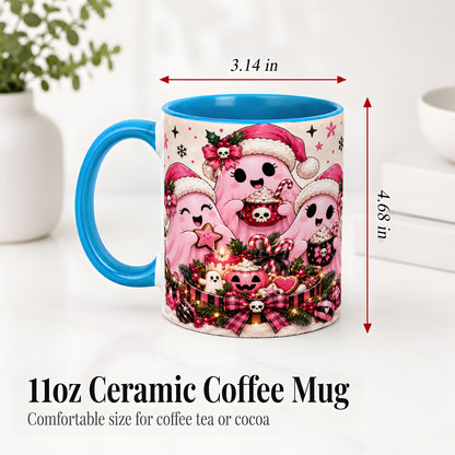 #pl[11oz|Blue] Pink Spooky Christmas Ghost Accent Mug, Mug with Holiday Artwork