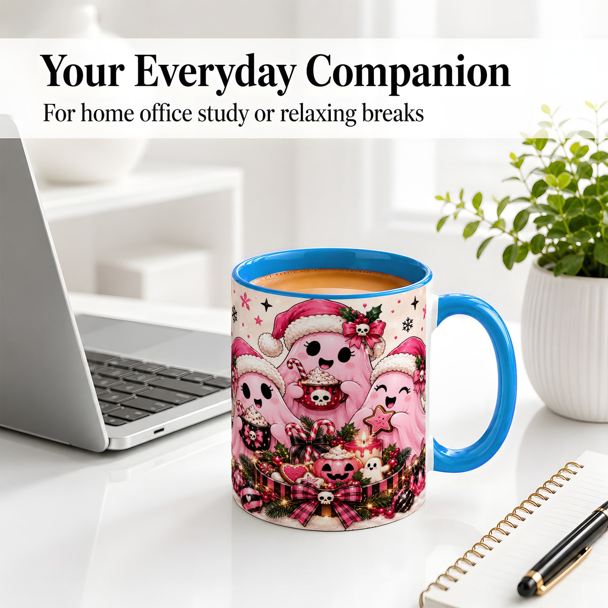 #pl[11oz|Blue] Pink Spooky Christmas Ghost Accent Mug, Mug with Holiday Artwork