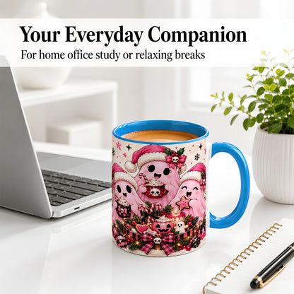 #pl[11oz|Blue] Pink Spooky Christmas Ghost Accent Mug, Mug with Holiday Artwork