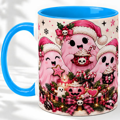 #pl[11oz|Blue] Pink Spooky Christmas Ghost Accent Mug, Mug with Holiday Artwork