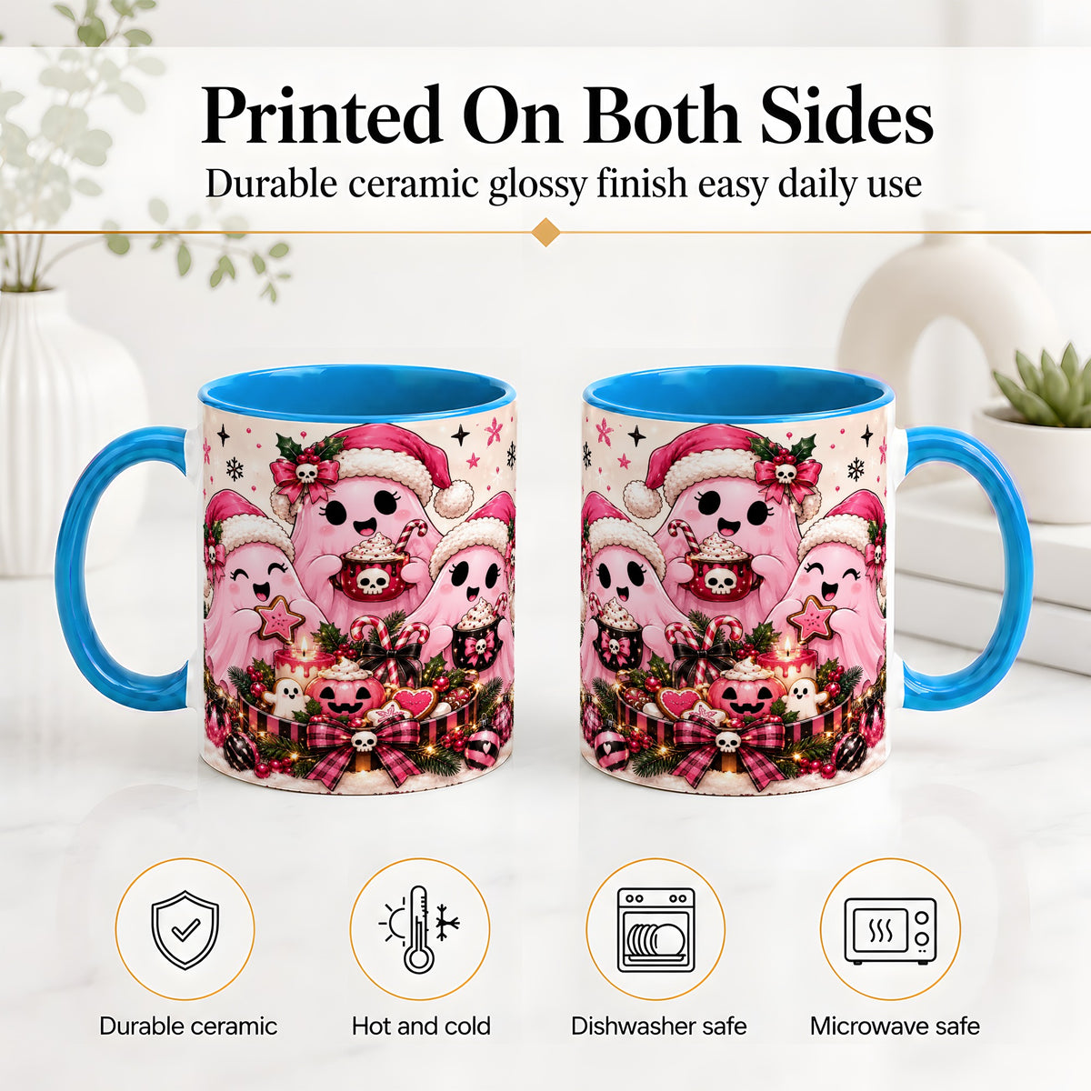 #pl[11oz|Blue] Pink Spooky Christmas Ghost Accent Mug, Mug with Holiday Artwork