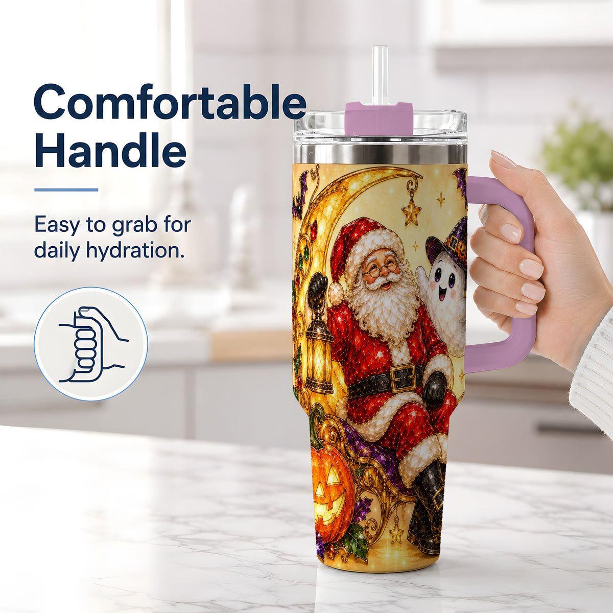#pl[40oz|Pink] Halloween Santa 40oz Tumbler with Ghost, Pumpkin, Bats and Moon Artwork