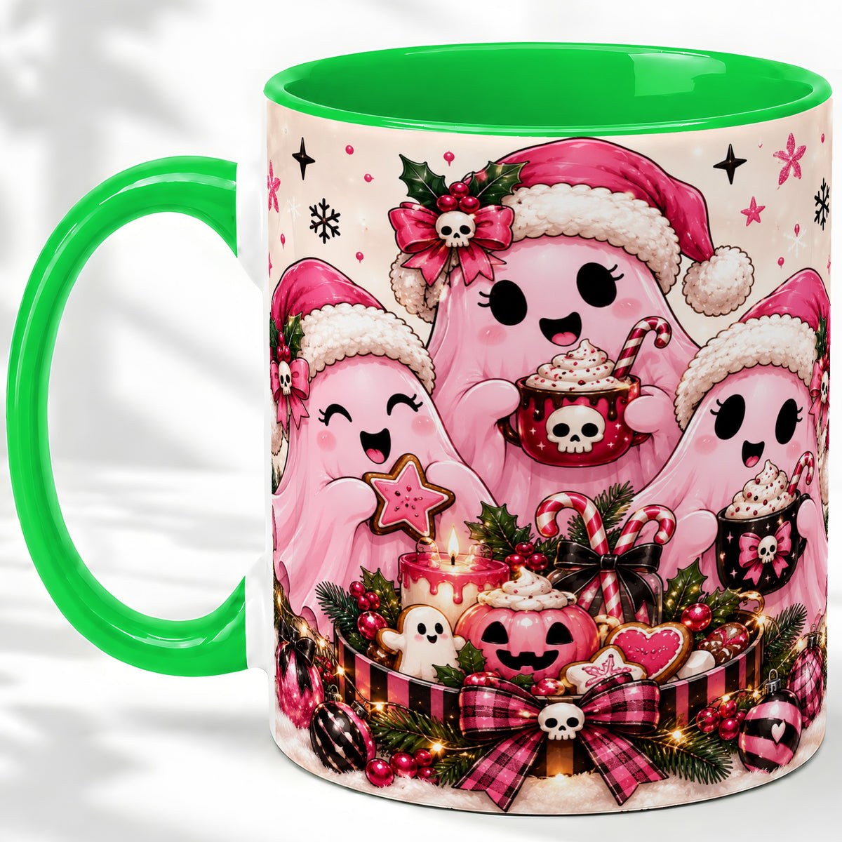 #pl[11oz|Green] Pink Spooky Christmas Ghost Accent Mug, Mug with Holiday Artwork