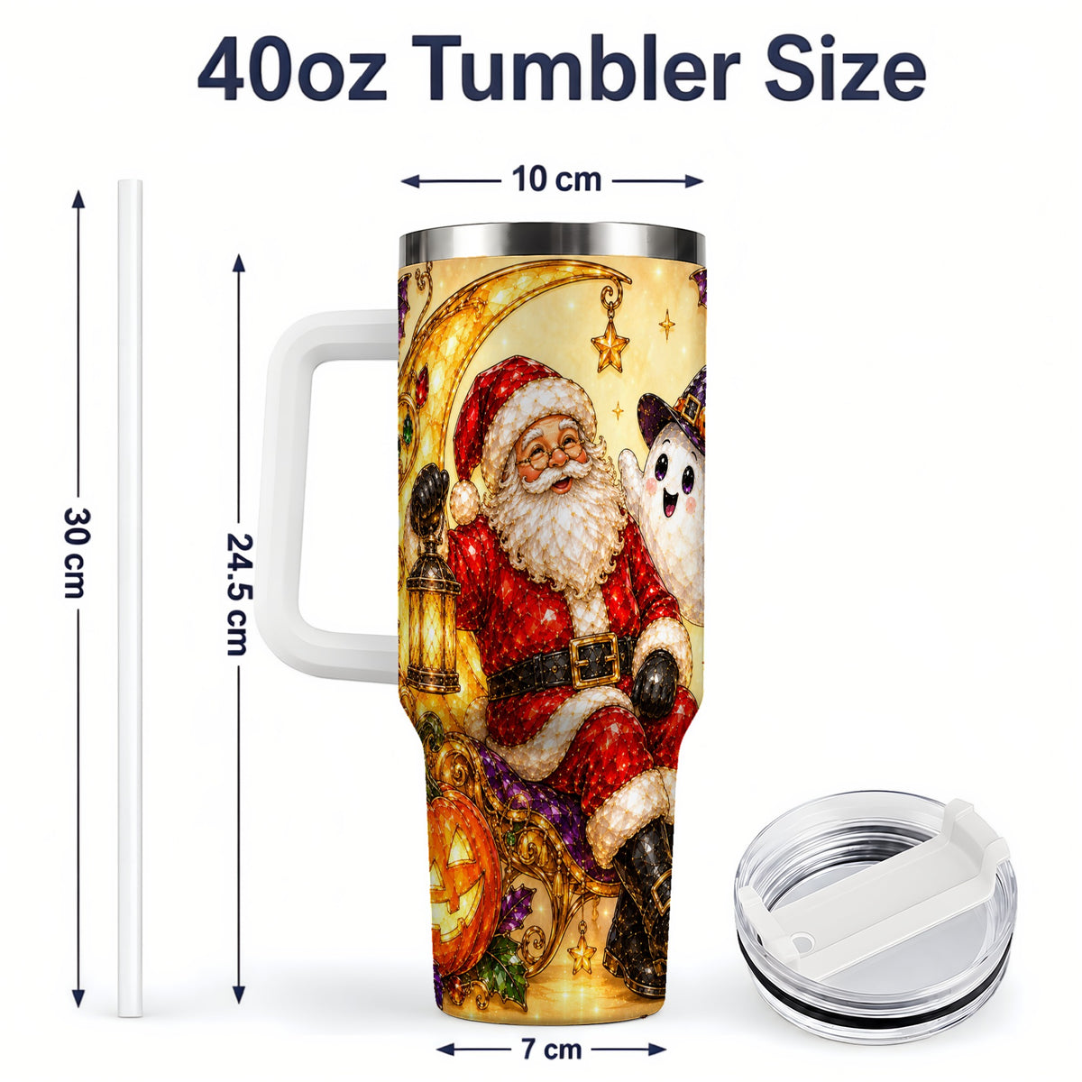 #pl[40oz|White] Halloween Santa 40oz Tumbler with Ghost, Pumpkin, Bats and Moon Artwork