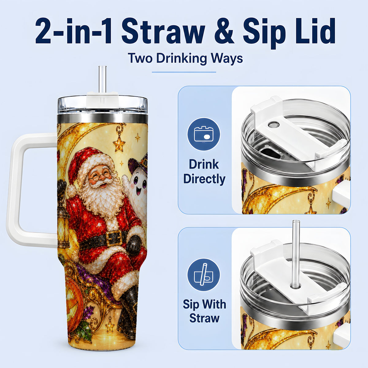 #pl[40oz|White] Halloween Santa 40oz Tumbler with Ghost, Pumpkin, Bats and Moon Artwork