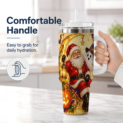 #pl[40oz|White] Halloween Santa 40oz Tumbler with Ghost, Pumpkin, Bats and Moon Artwork