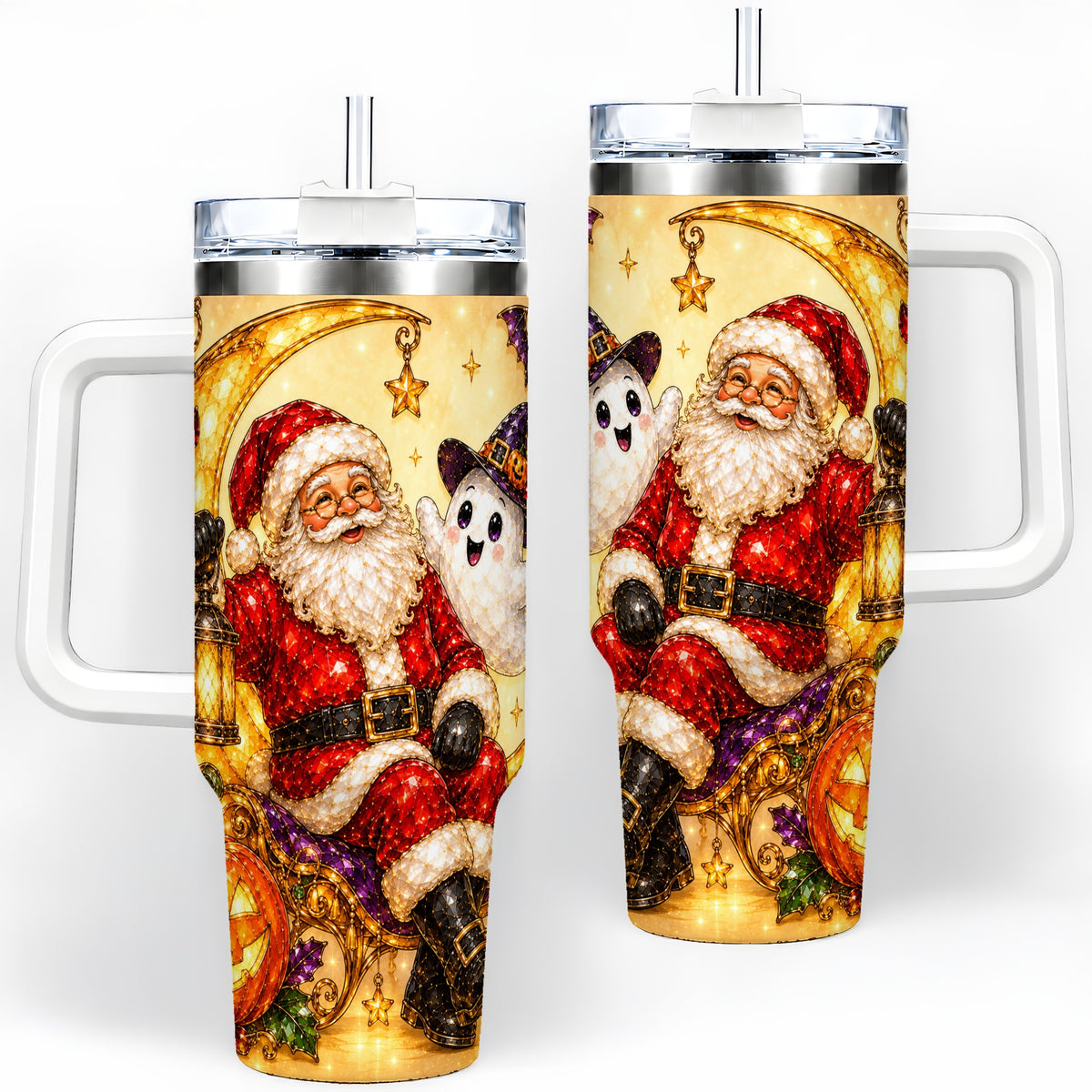 Halloween Santa 40oz Tumbler with Ghost, Pumpkin, Bats and Moon Artwork