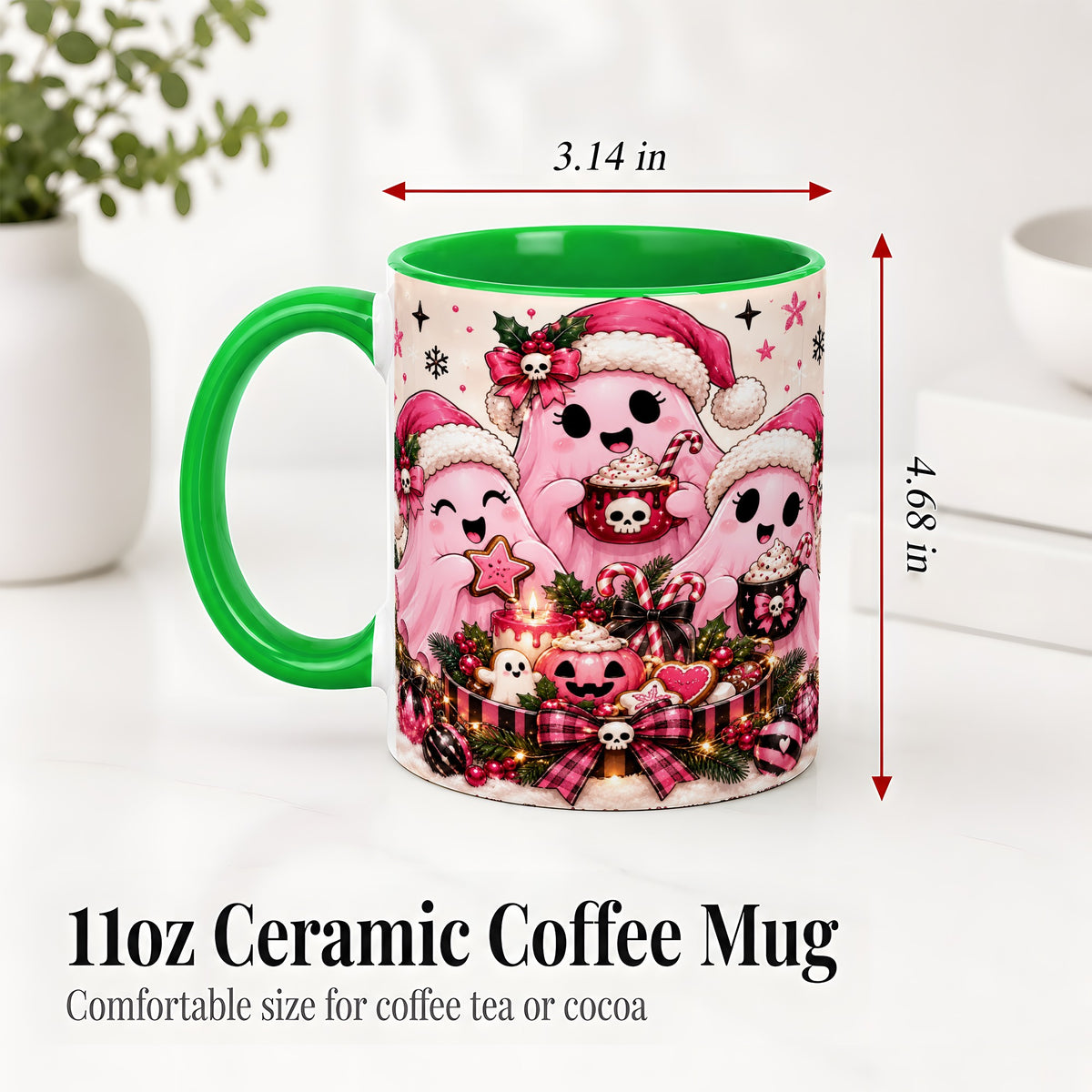 #pl[11oz|Green] Pink Spooky Christmas Ghost Accent Mug, Mug with Holiday Artwork