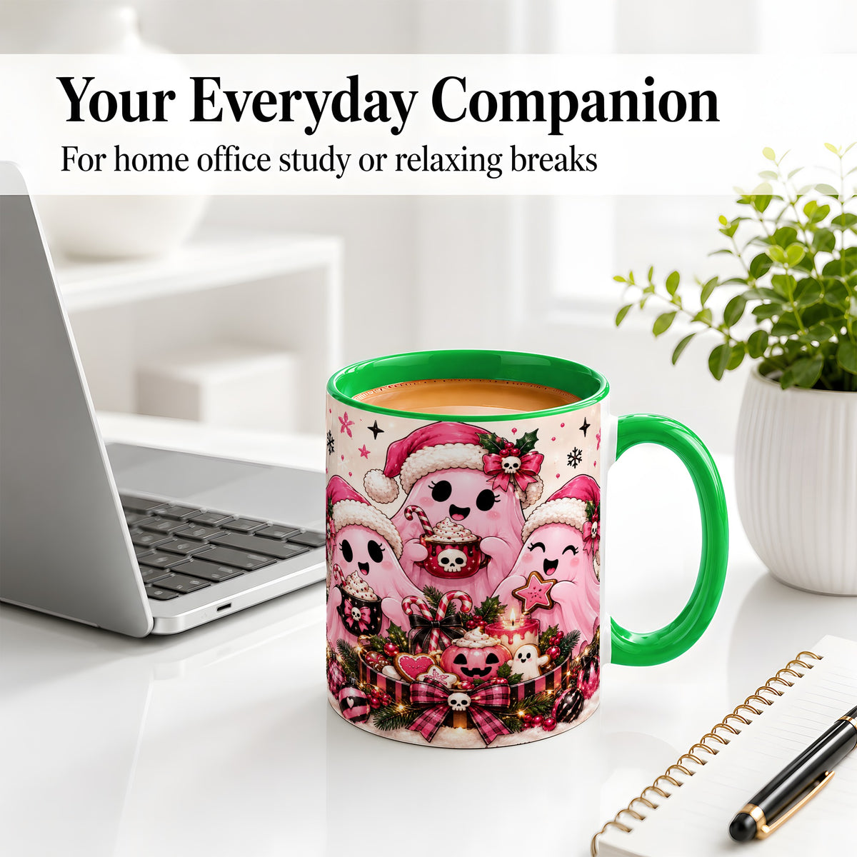 #pl[11oz|Green] Pink Spooky Christmas Ghost Accent Mug, Mug with Holiday Artwork