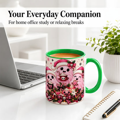 #pl[11oz|Green] Pink Spooky Christmas Ghost Accent Mug, Mug with Holiday Artwork