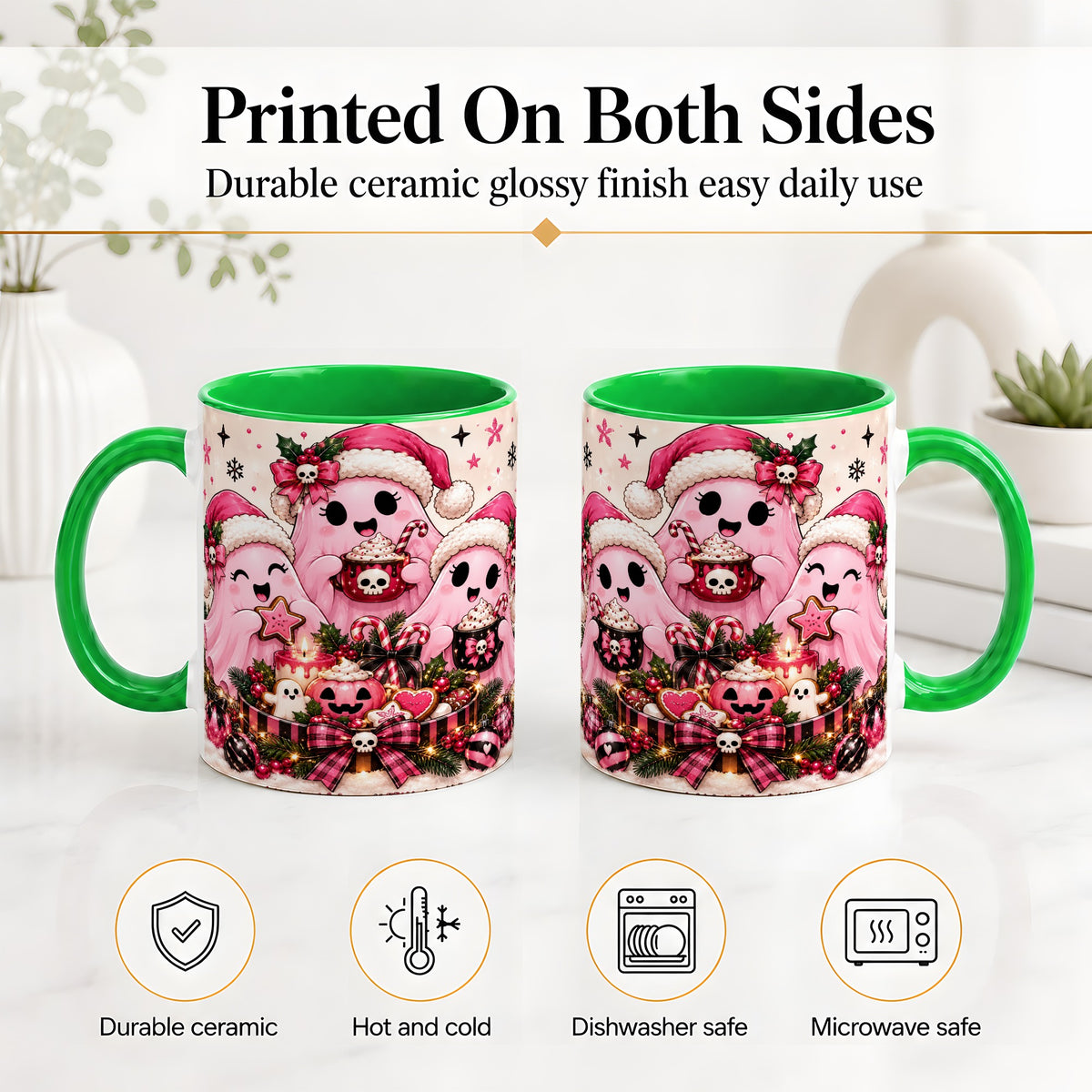 #pl[11oz|Green] Pink Spooky Christmas Ghost Accent Mug, Mug with Holiday Artwork