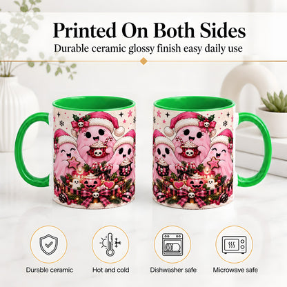 #pl[11oz|Green] Pink Spooky Christmas Ghost Accent Mug, Mug with Holiday Artwork