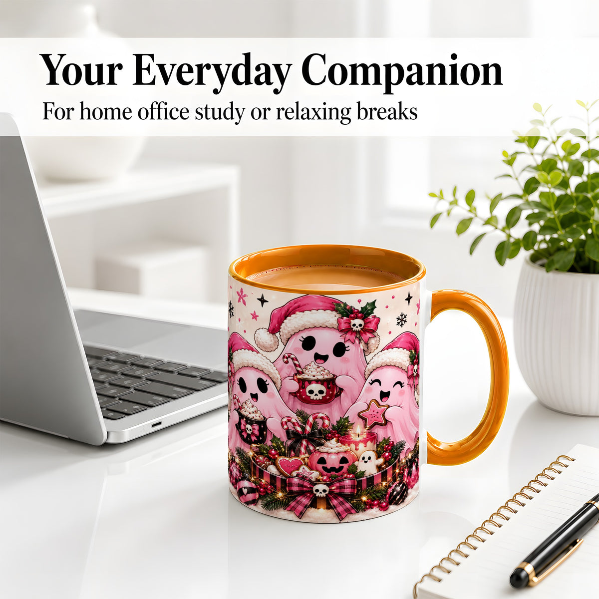 #pl[11oz|Orange] Pink Spooky Christmas Ghost Accent Mug, Mug with Holiday Artwork
