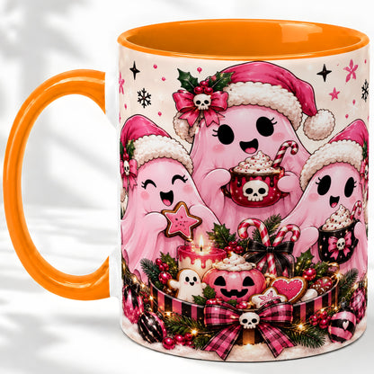 #pl[11oz|Orange] Pink Spooky Christmas Ghost Accent Mug, Mug with Holiday Artwork