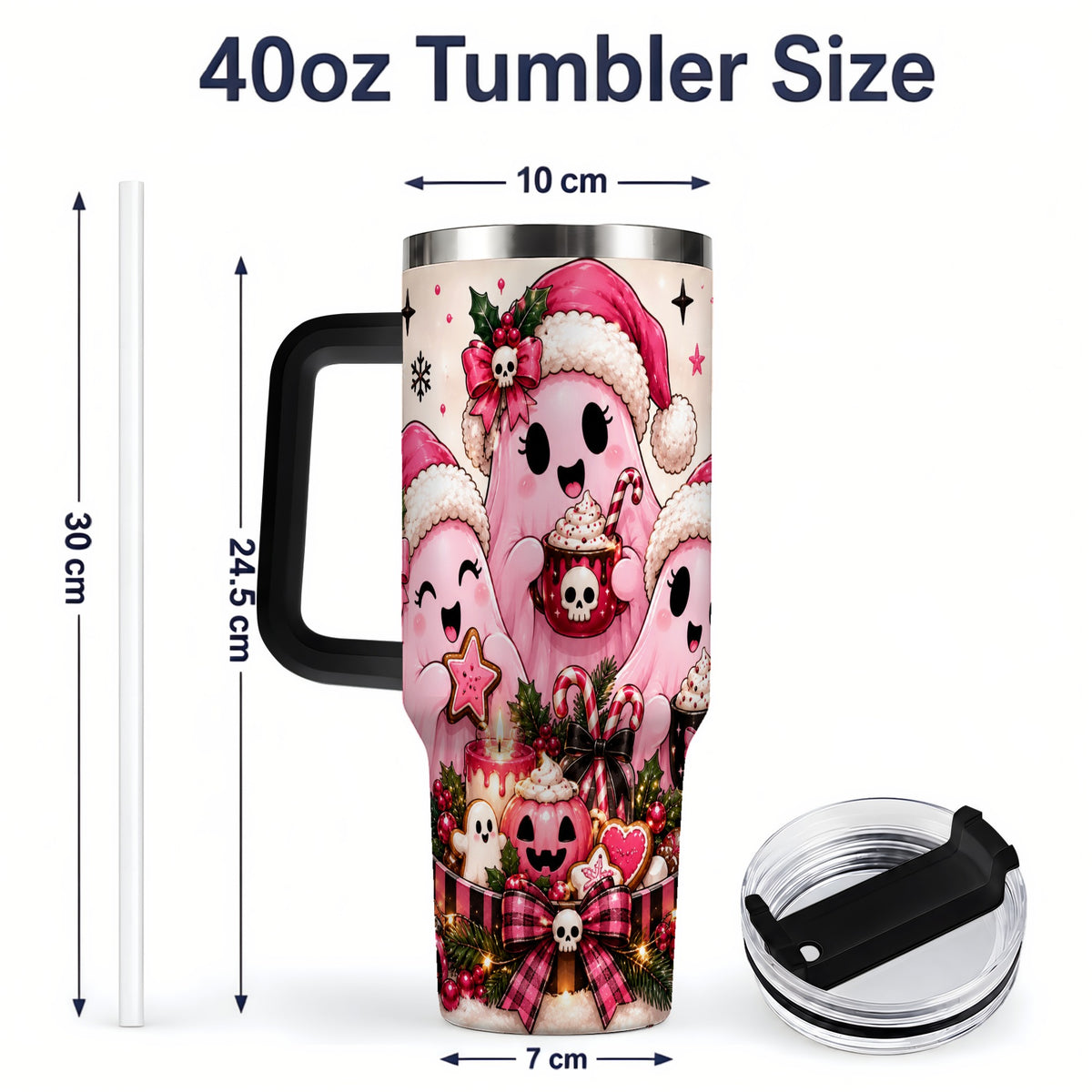#pl[40oz|Black] Pink Spooky Christmas Ghost 40oz Tumbler, Stainless Steel Drinkware