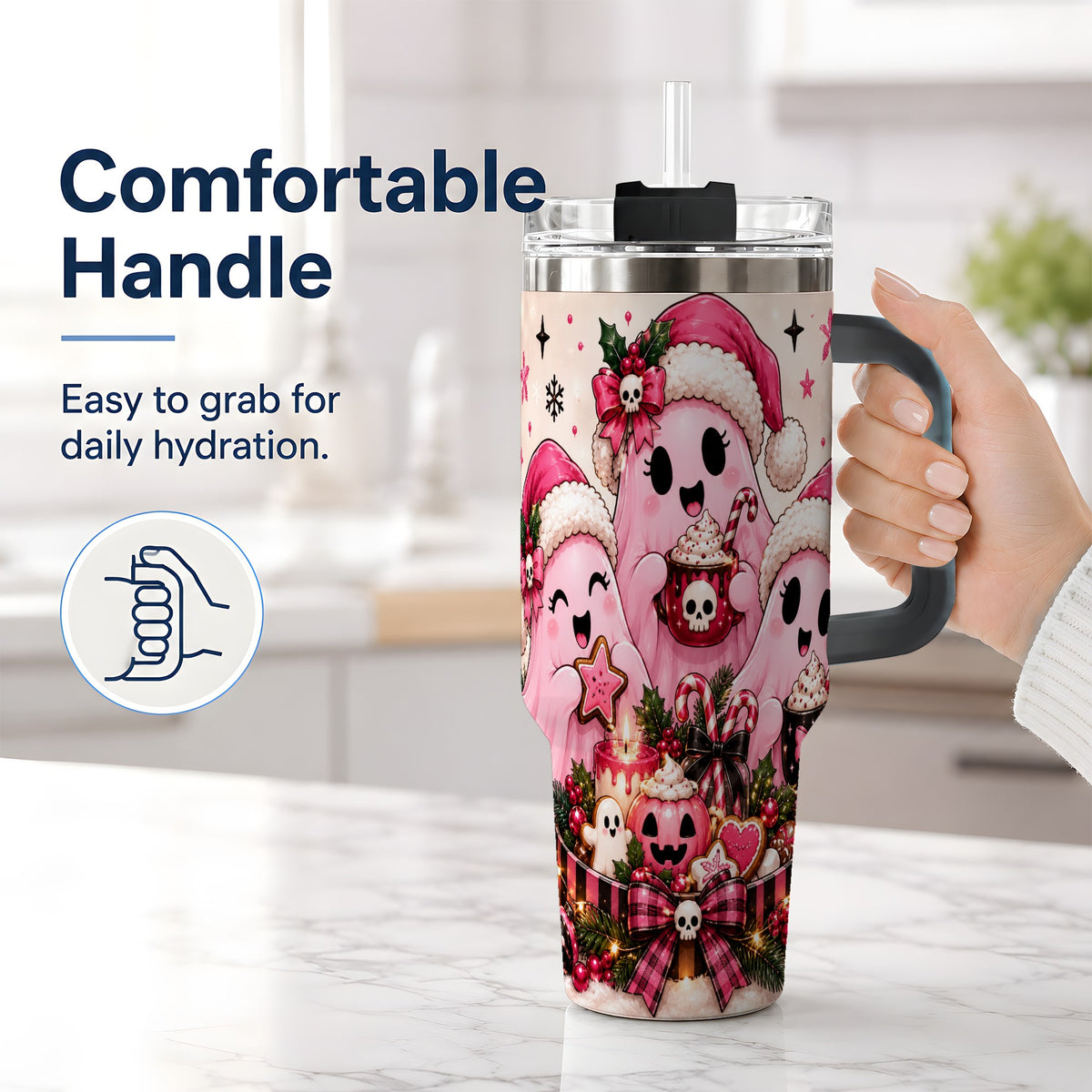 #pl[40oz|Black] Pink Spooky Christmas Ghost 40oz Tumbler, Stainless Steel Drinkware