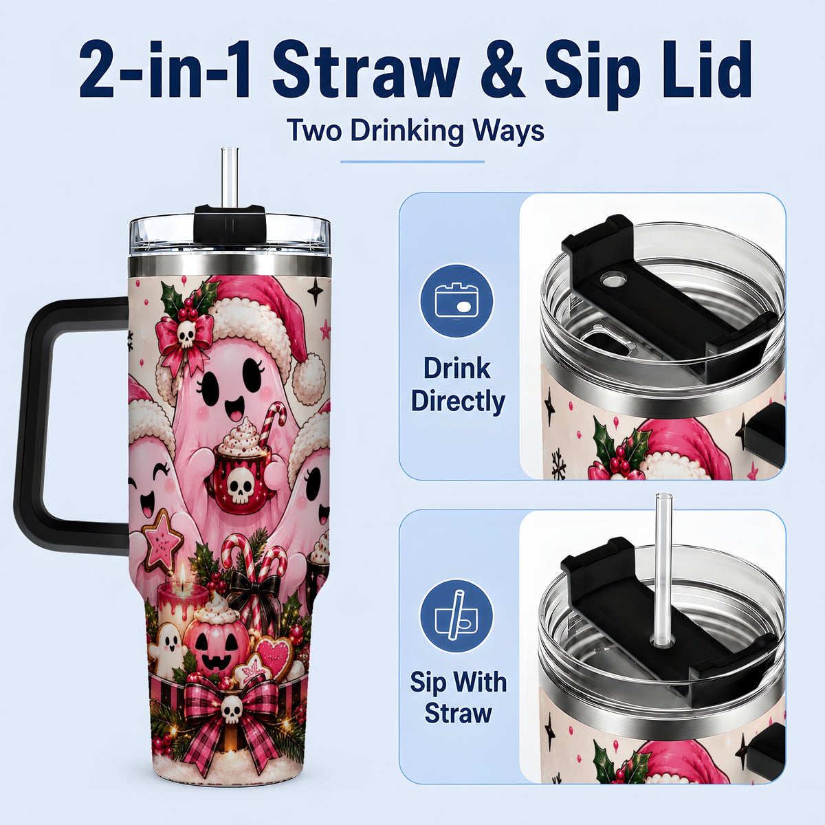 #pl[40oz|Black] Pink Spooky Christmas Ghost 40oz Tumbler, Stainless Steel Drinkware