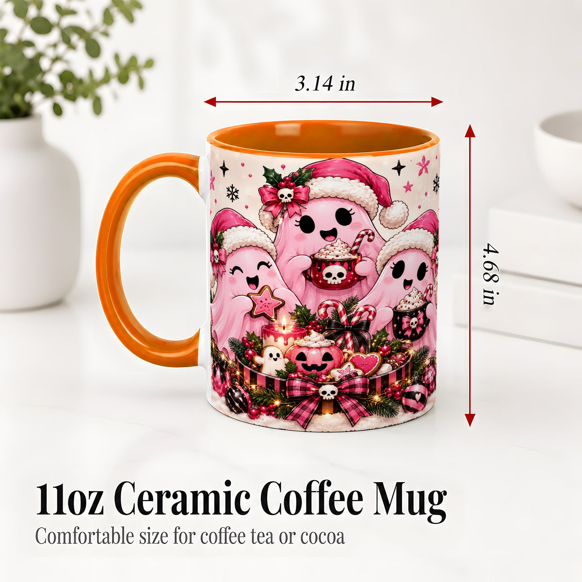 #pl[11oz|Orange] Pink Spooky Christmas Ghost Accent Mug, Mug with Holiday Artwork
