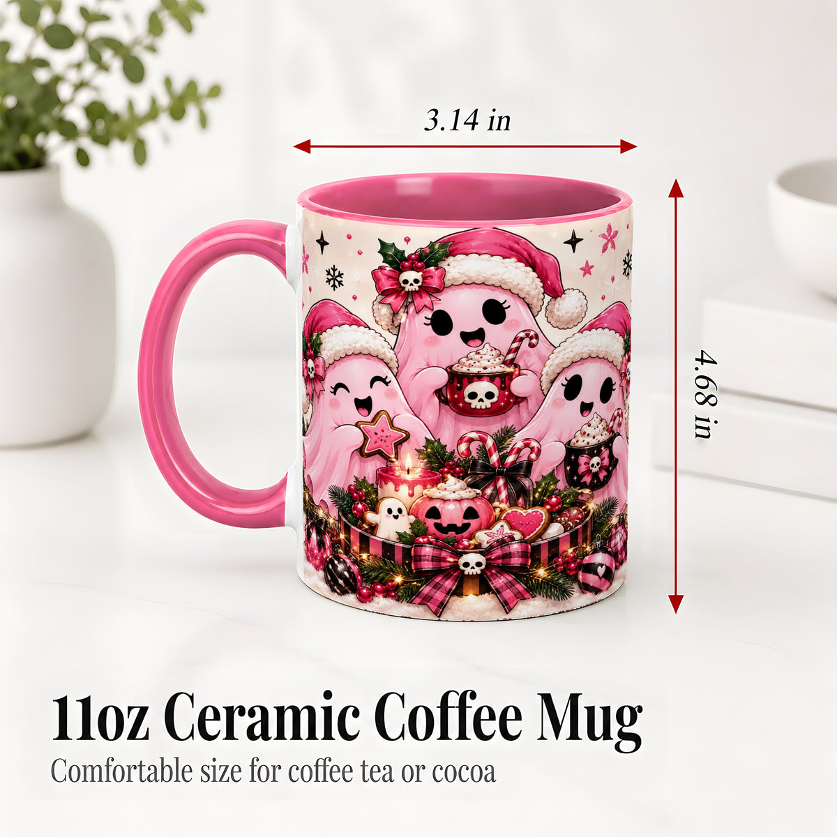 #pl[11oz|Pink] Pink Spooky Christmas Ghost Accent Mug, Mug with Holiday Artwork