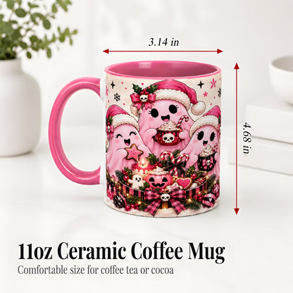 #pl[11oz|Pink] Pink Spooky Christmas Ghost Accent Mug, Mug with Holiday Artwork