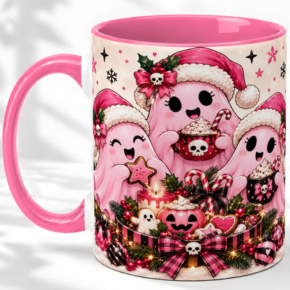 #pl[11oz|Pink] Pink Spooky Christmas Ghost Accent Mug, Mug with Holiday Artwork