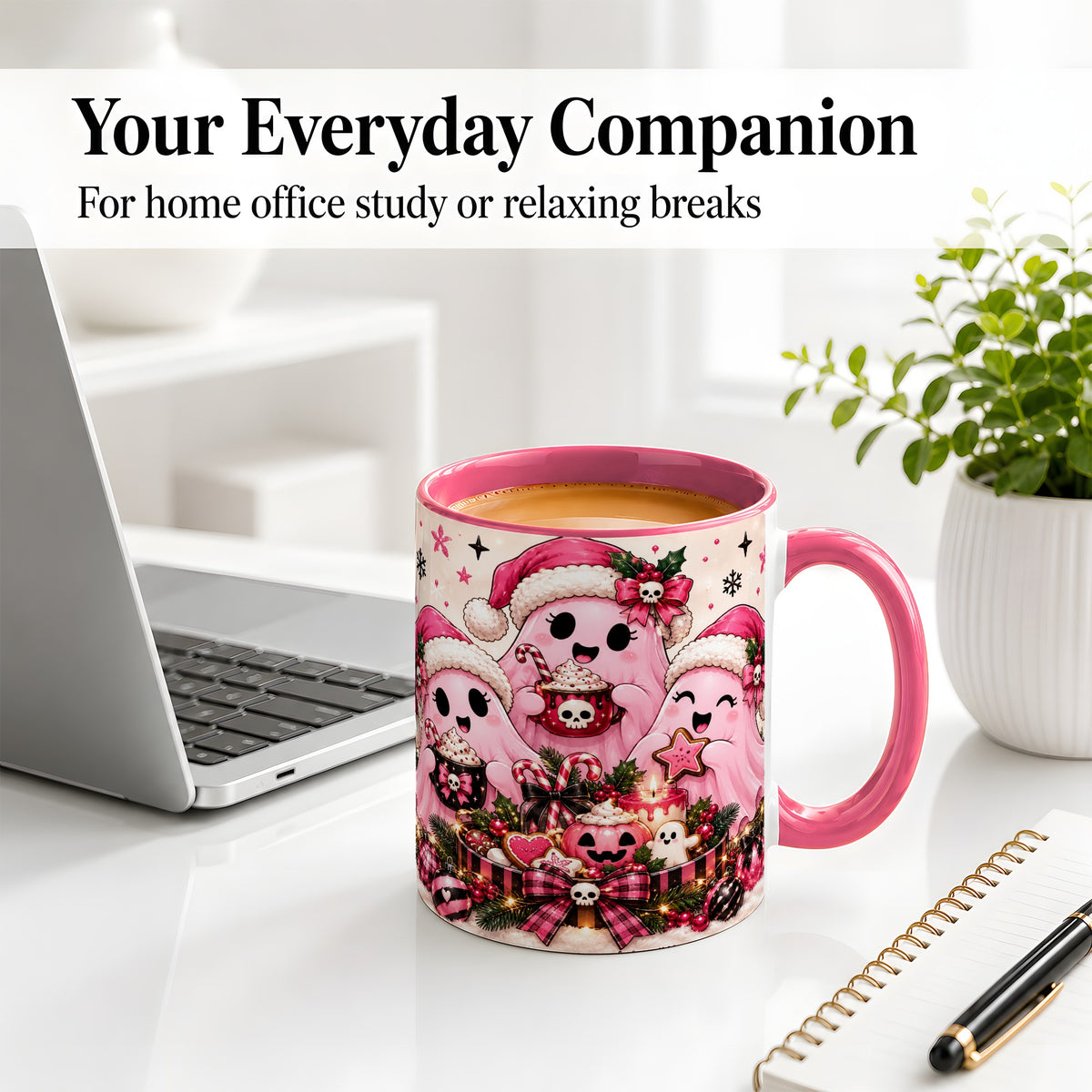 #pl[11oz|Pink] Pink Spooky Christmas Ghost Accent Mug, Mug with Holiday Artwork