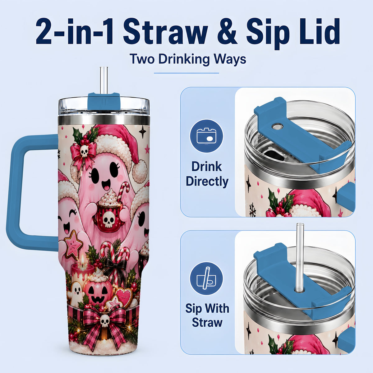 #pl[40oz|Blue] Pink Spooky Christmas Ghost 40oz Tumbler, Stainless Steel Drinkware