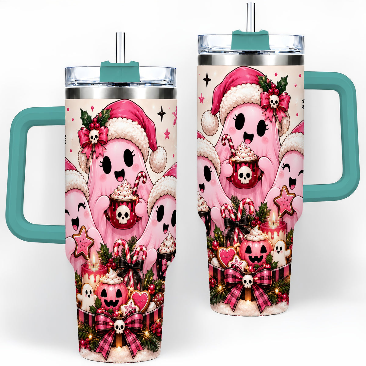 #pl[40oz|Green] Pink Spooky Christmas Ghost 40oz Tumbler, Stainless Steel Drinkware