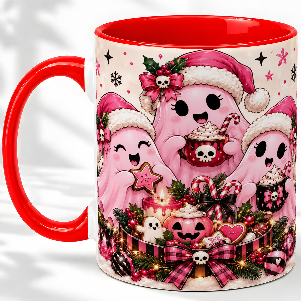 Pink Spooky Christmas Ghost Accent Mug, Mug with Holiday Artwork