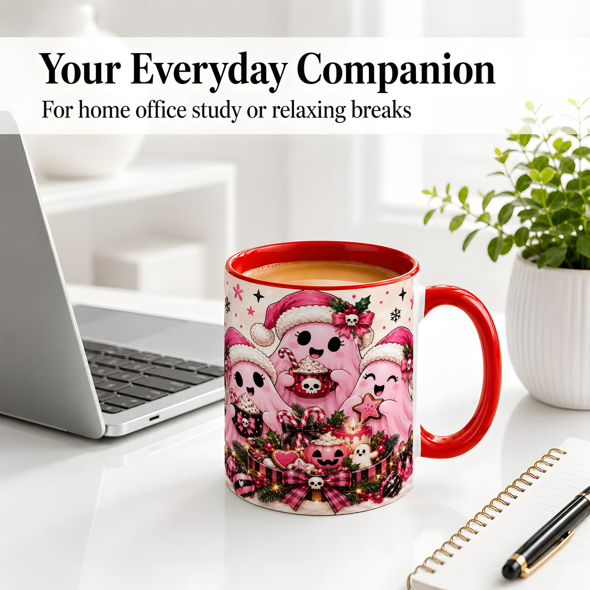 #pl[11oz|Red] Pink Spooky Christmas Ghost Accent Mug, Mug with Holiday Artwork