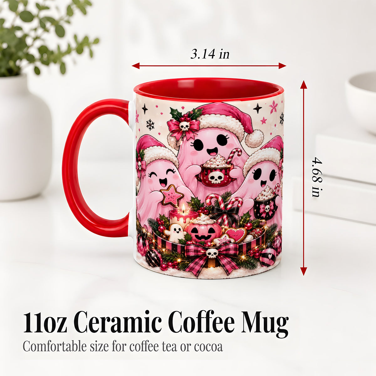 #pl[11oz|Red] Pink Spooky Christmas Ghost Accent Mug, Mug with Holiday Artwork