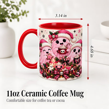 #pl[11oz|Red] Pink Spooky Christmas Ghost Accent Mug, Mug with Holiday Artwork