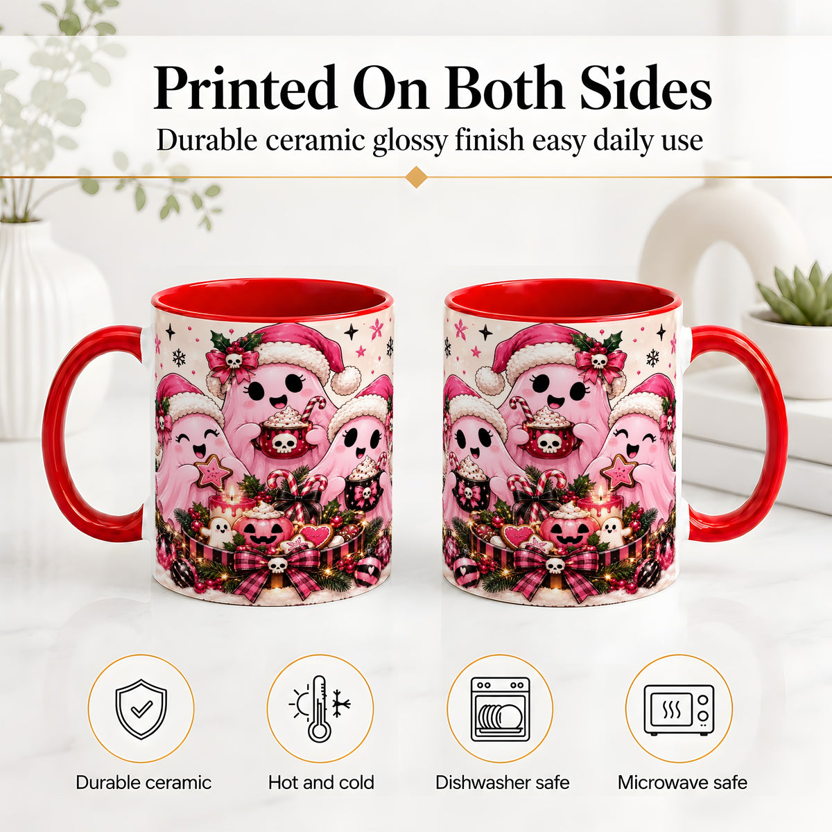 #pl[11oz|Red] Pink Spooky Christmas Ghost Accent Mug, Mug with Holiday Artwork
