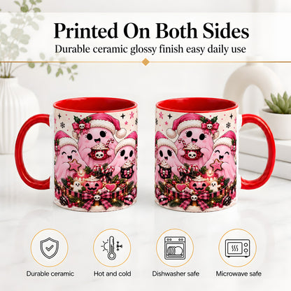 #pl[11oz|Red] Pink Spooky Christmas Ghost Accent Mug, Mug with Holiday Artwork
