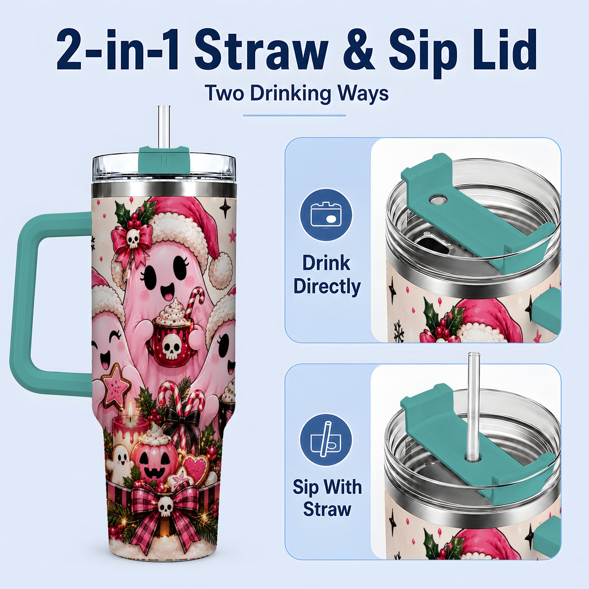 #pl[40oz|Green] Pink Spooky Christmas Ghost 40oz Tumbler, Stainless Steel Drinkware