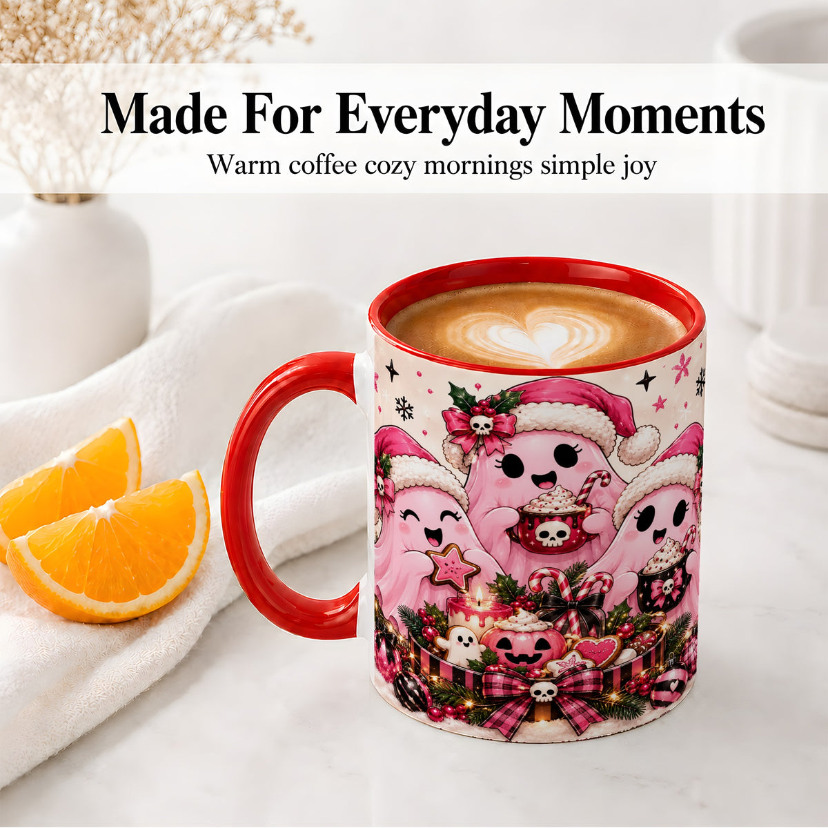 #pl[11oz|Red] Pink Spooky Christmas Ghost Accent Mug, Mug with Holiday Artwork