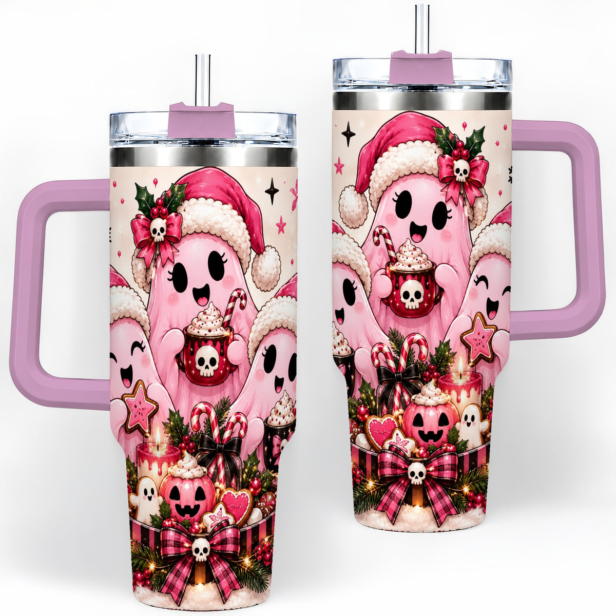 #pl[40oz|Pink] Pink Spooky Christmas Ghost 40oz Tumbler, Stainless Steel Drinkware