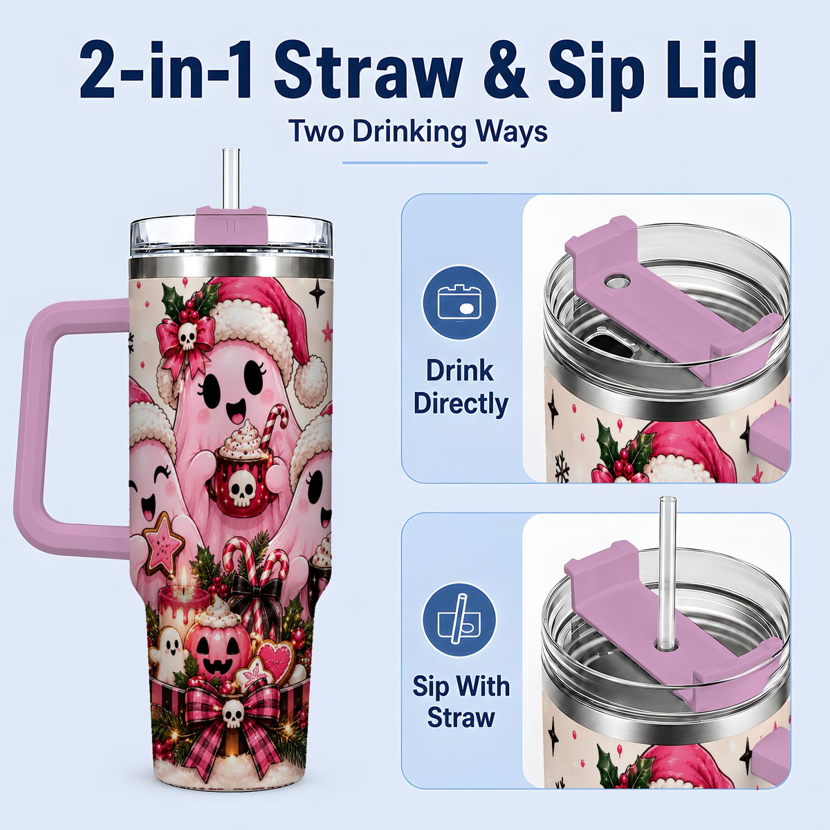 #pl[40oz|Pink] Pink Spooky Christmas Ghost 40oz Tumbler, Stainless Steel Drinkware
