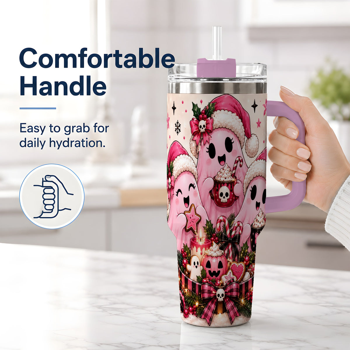 #pl[40oz|Pink] Pink Spooky Christmas Ghost 40oz Tumbler, Stainless Steel Drinkware