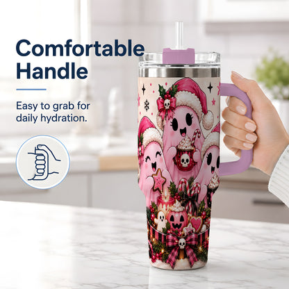#pl[40oz|Pink] Pink Spooky Christmas Ghost 40oz Tumbler, Stainless Steel Drinkware
