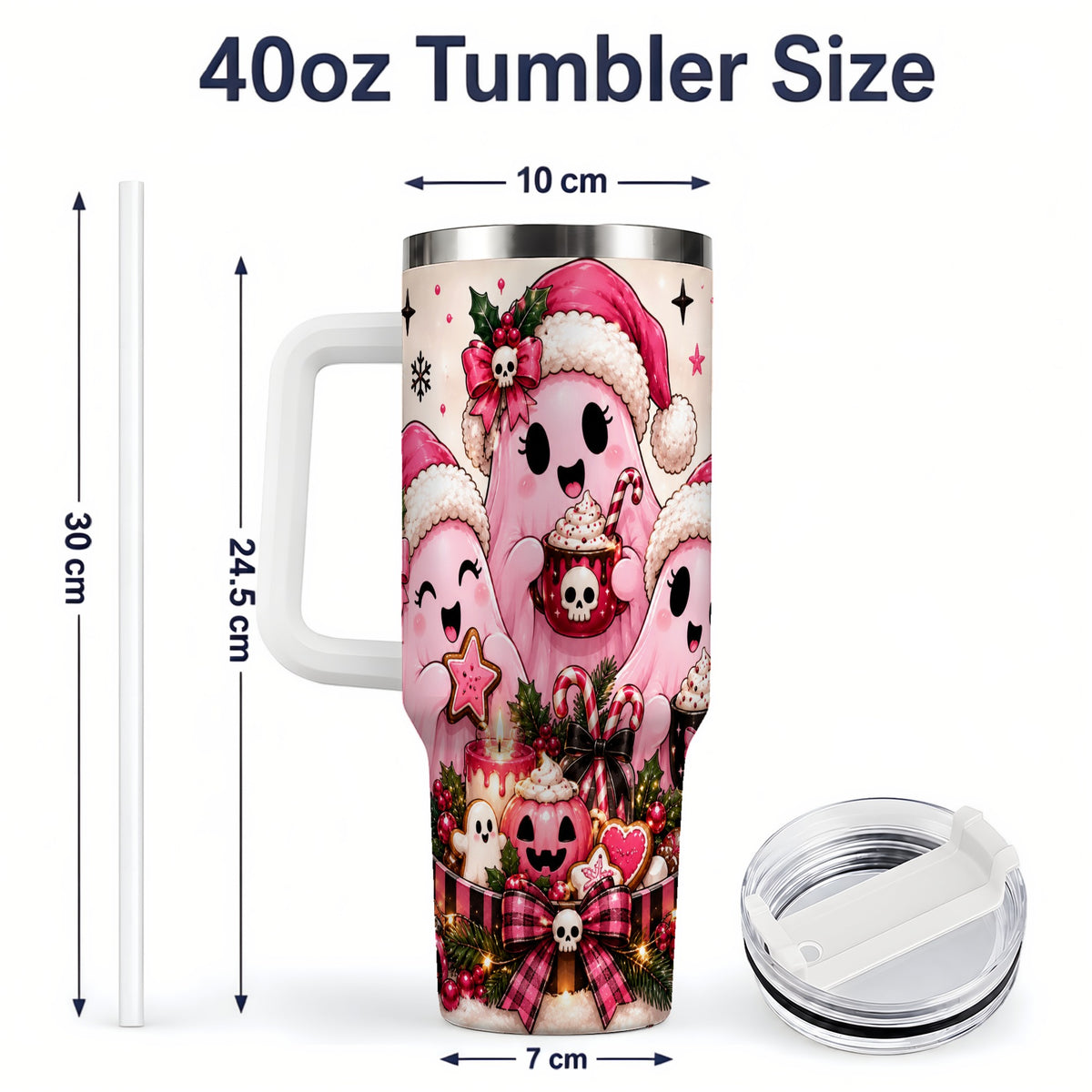 #pl[40oz|White] Pink Spooky Christmas Ghost 40oz Tumbler, Stainless Steel Drinkware