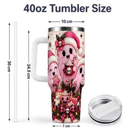 #pl[40oz|White] Pink Spooky Christmas Ghost 40oz Tumbler, Stainless Steel Drinkware
