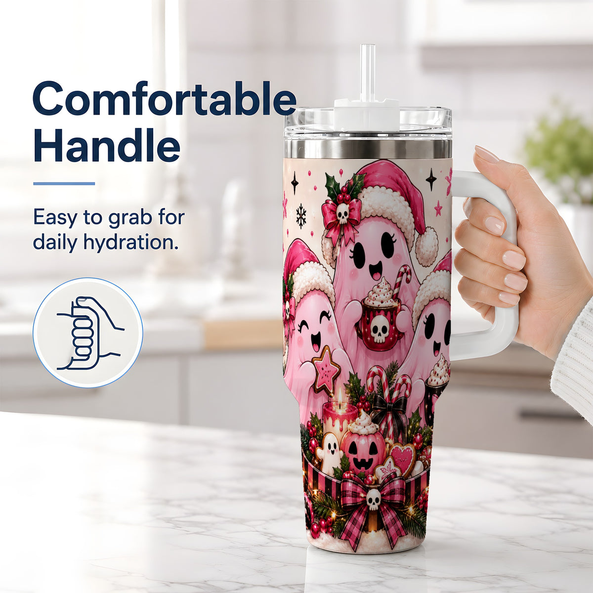 #pl[40oz|White] Pink Spooky Christmas Ghost 40oz Tumbler, Stainless Steel Drinkware