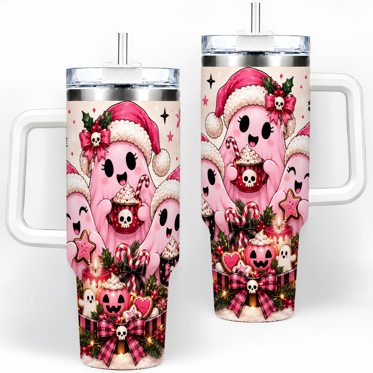 Pink Spooky Christmas Ghost 40oz Tumbler, Stainless Steel Drinkware