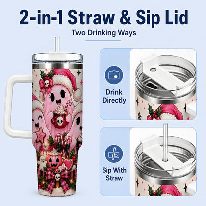 #pl[40oz|White] Pink Spooky Christmas Ghost 40oz Tumbler, Stainless Steel Drinkware