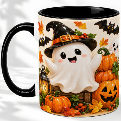 #pl[11oz|Black] Cute Halloween Ghost Accent Mug, Mug with Pumpkin Autumn Artwork