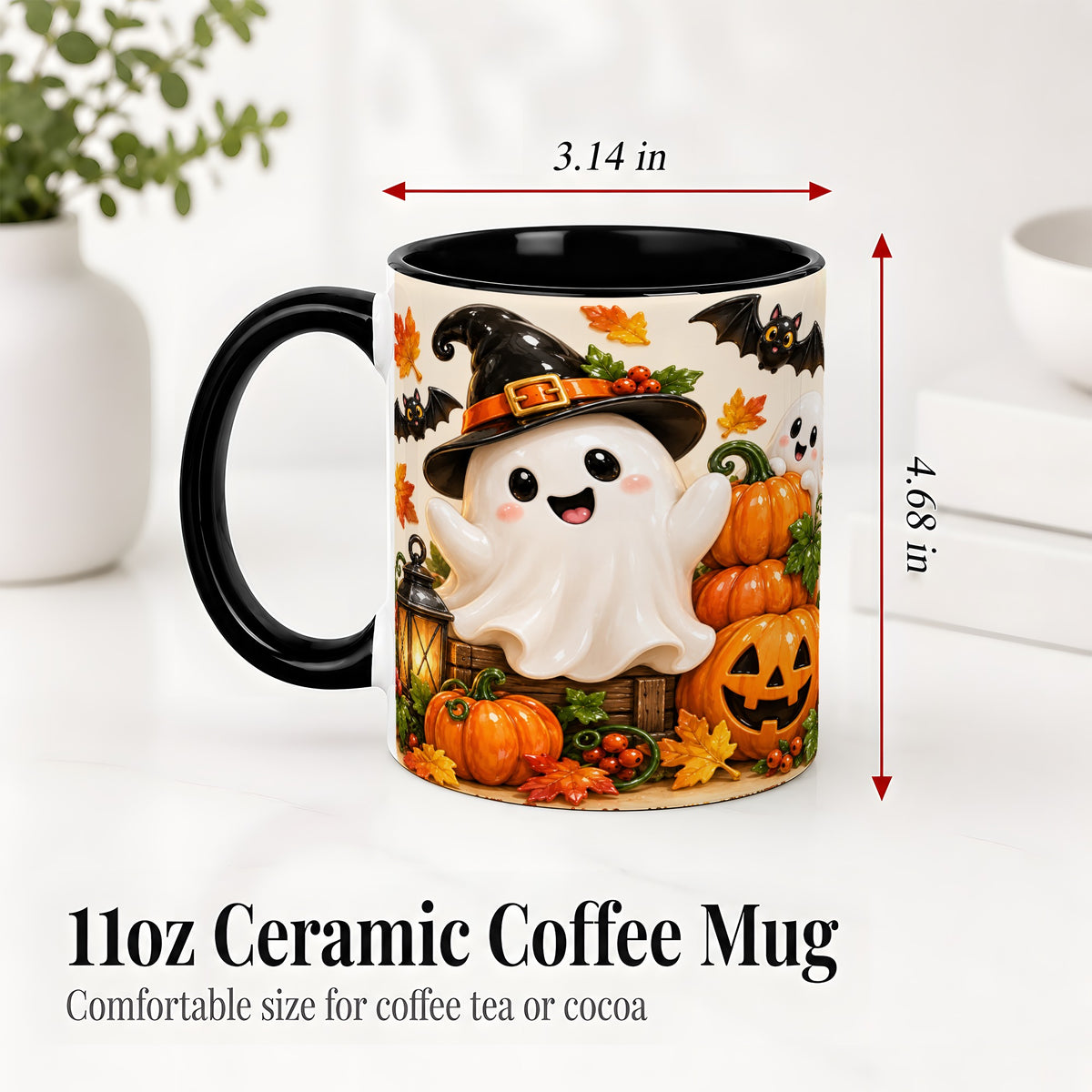 #pl[11oz|Black] Cute Halloween Ghost Accent Mug, Mug with Pumpkin Autumn Artwork