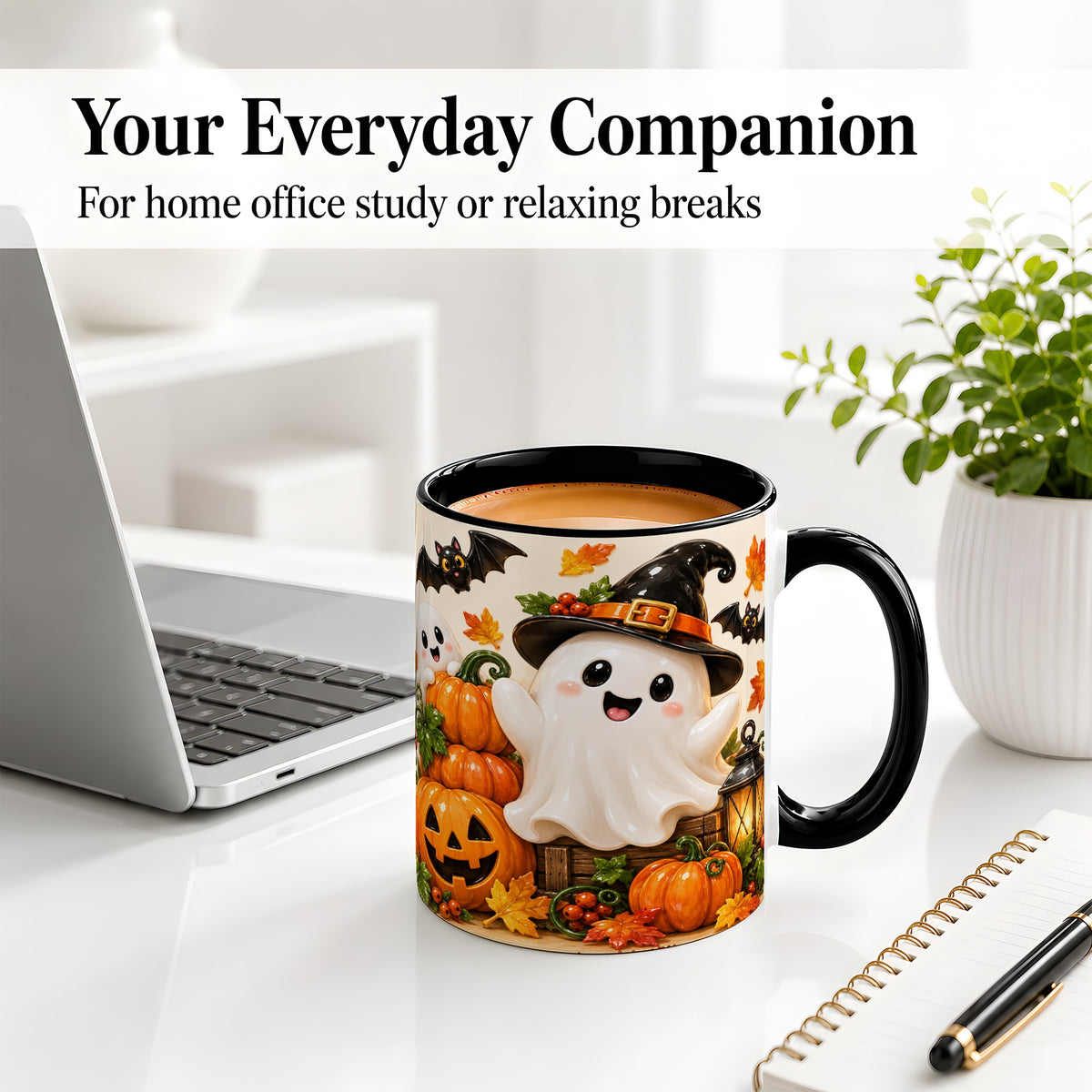#pl[11oz|Black] Cute Halloween Ghost Accent Mug, Mug with Pumpkin Autumn Artwork